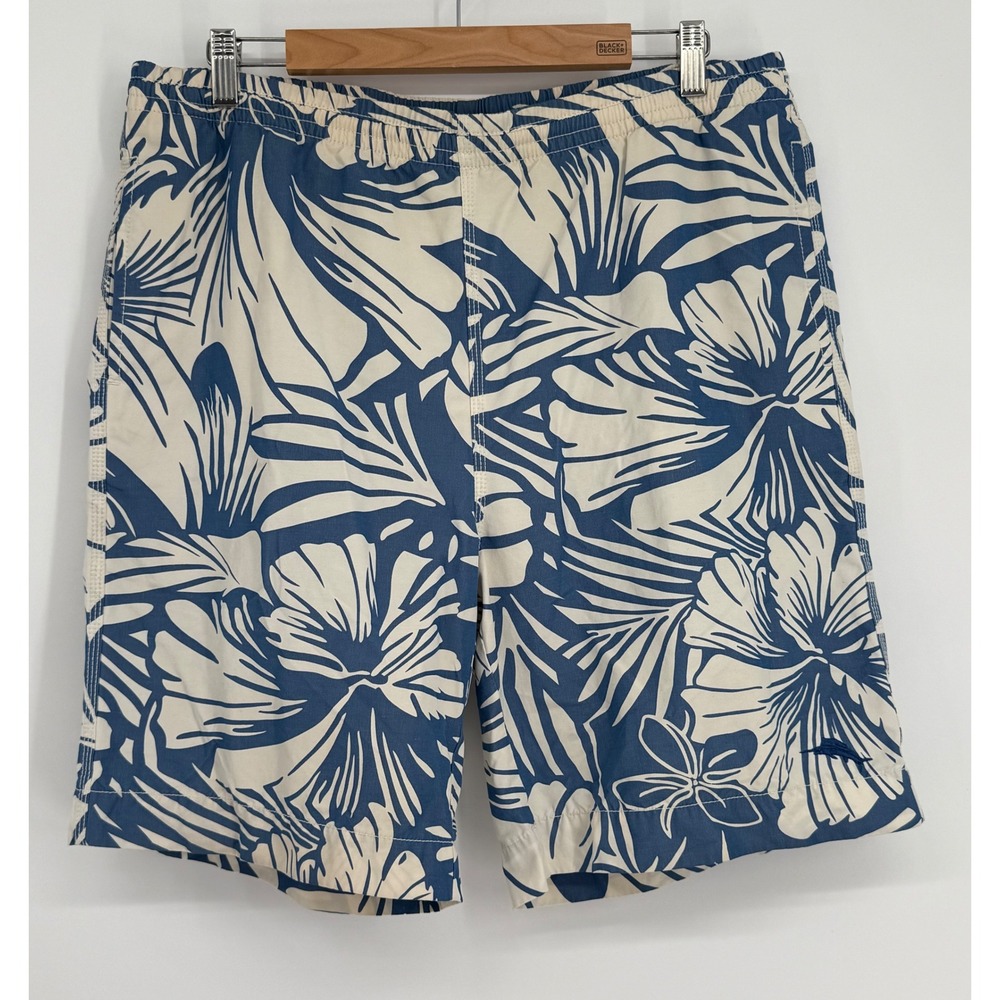 Tommy Bahama Relax Mens Blue Cream Tropical Floral Swim Trunks Sz M